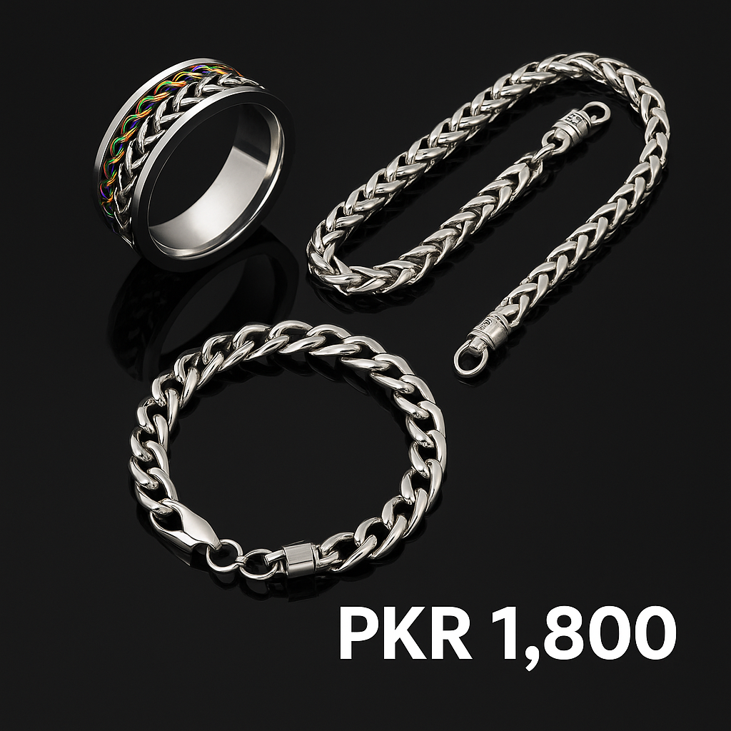 Spinner Ring, Silver Chain & Bracelet Combo