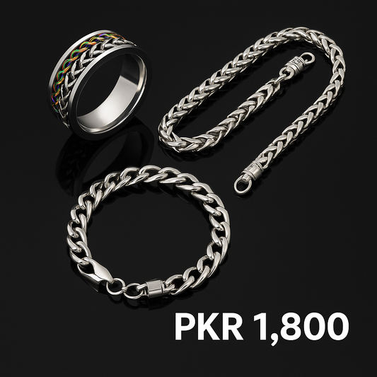 Spinner Ring, Silver Chain & Bracelet Combo